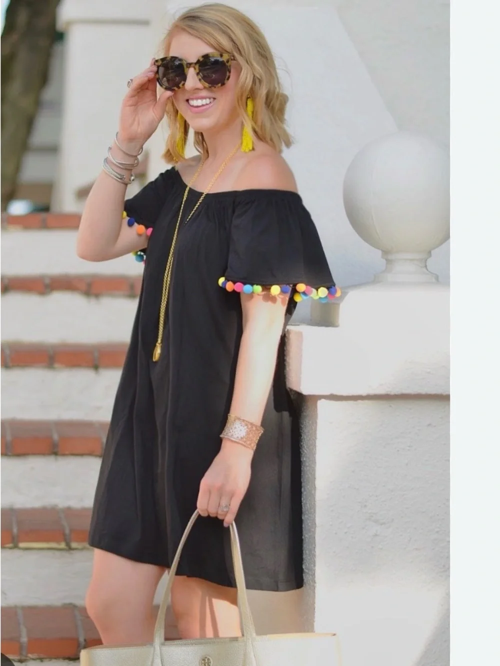 ASOS women’s Black Off the Shoulder Colorful Pom Pom Dress sz 6
